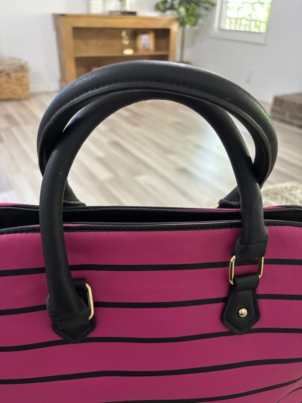 Betsey Johnson Pink and Black Striped‎ Satchel with Bow Charm Shoulder Bag NWOT